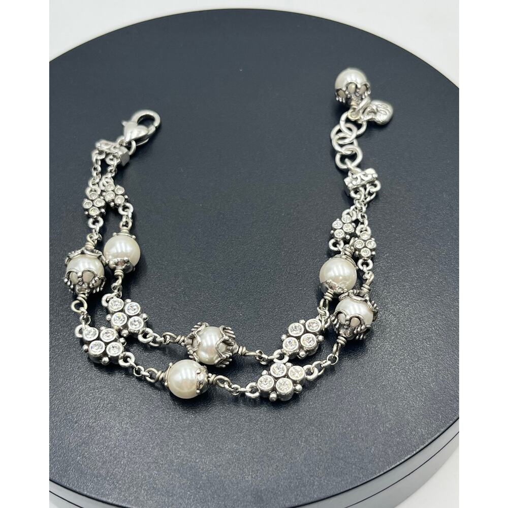 Brighton Atma‎ White Pearls Rhinestone Silver Tone Double Strand Bracelet J34522